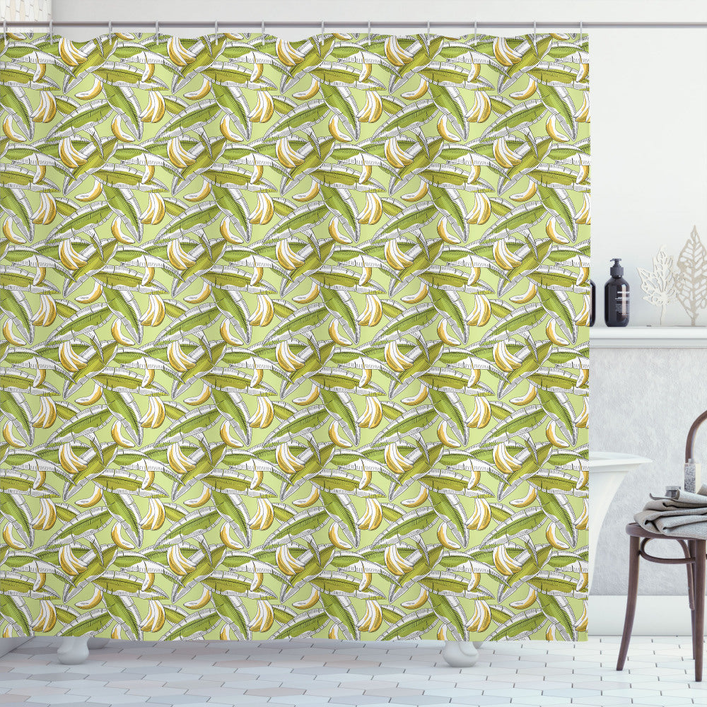 Tropical Fruit and Leaf Design Shower Curtain - Banana, Pale Green, Pale Yellow, Green, and White