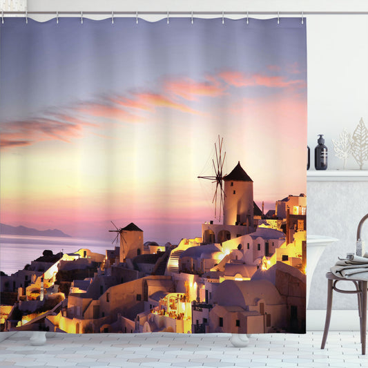 Windmill Multicolor Santorini Greece View Shower Curtain