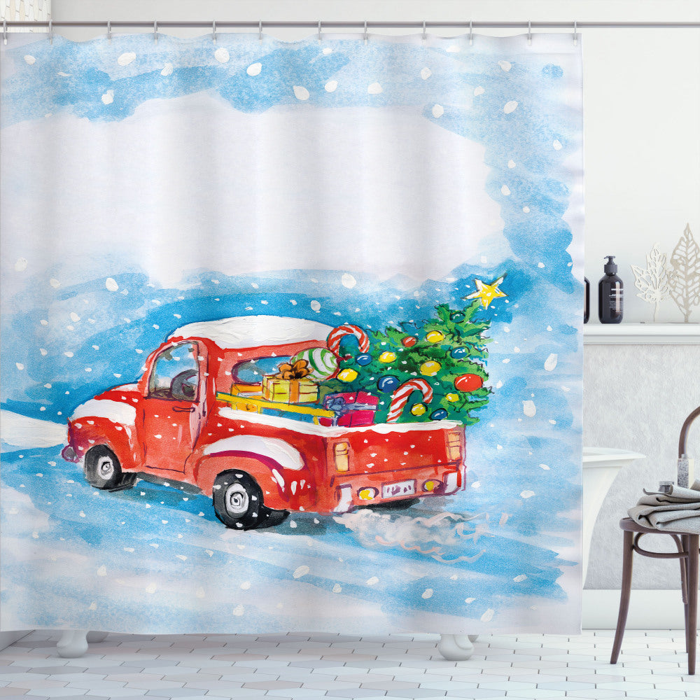 Christmas-themed Truck Winter Scenery Shower Curtain in White, Blue, and Red Palette