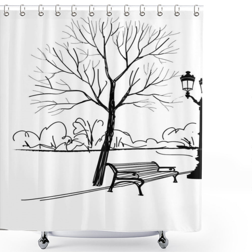 Tranquil Beauty: Tree Silhouettes in Black and White Fall Park Shower Curtain