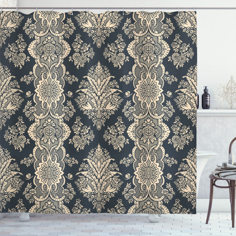 Victorian Baroque Style Damask Shower Curtain in Charcoal Grey and Cream Color Palette