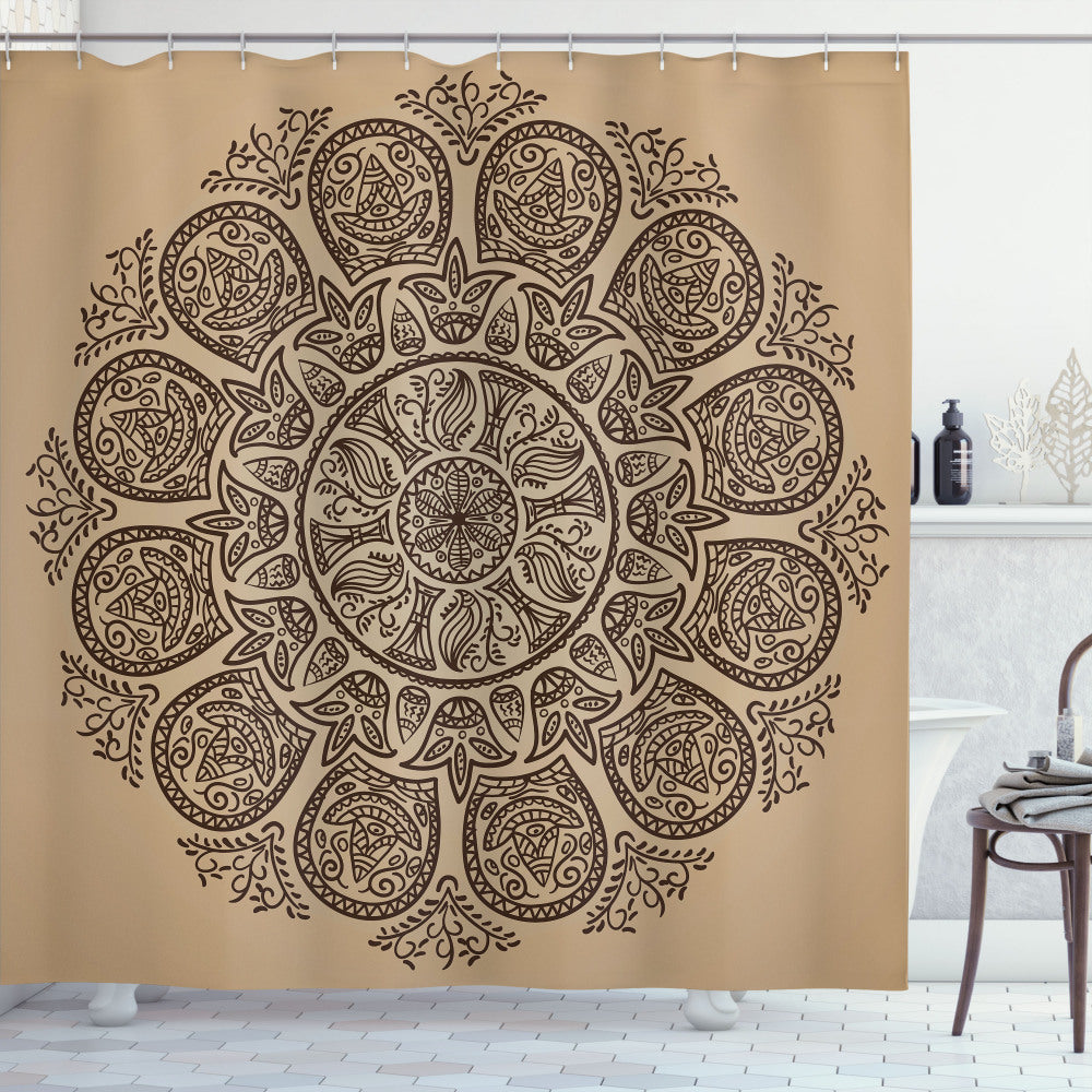 Brown Mandala Flower Leaves Stems Tan Brown Shower Curtain