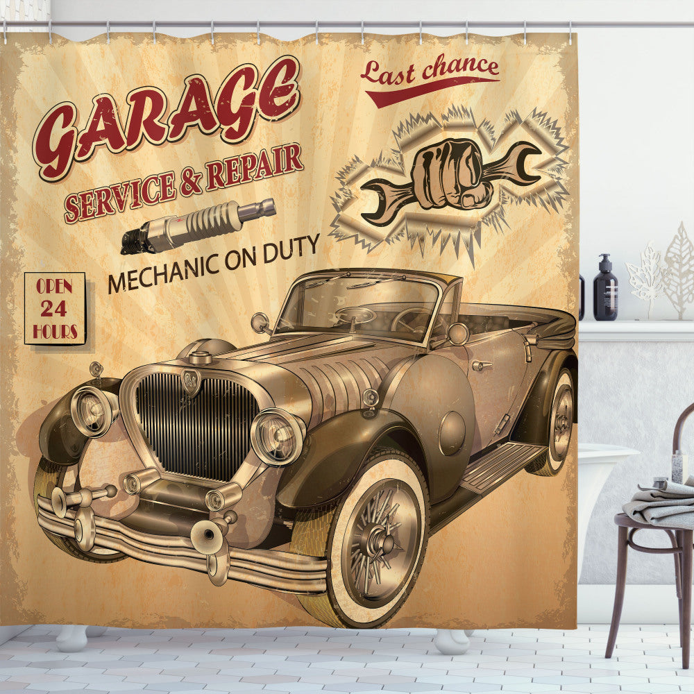 Vintage Red Sepia Style Car Repair Shower Curtain Repair Service