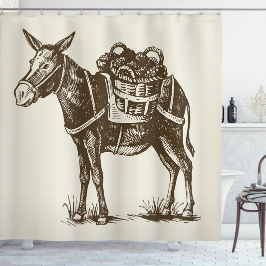 Vintage Donkey with Baskets: Dark Cocoa and Pearl Bath Curtain