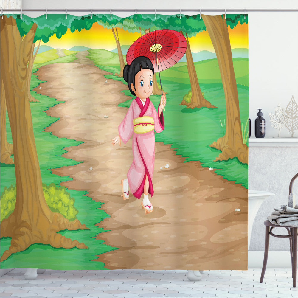 Cartoon Style Geisha Umbrella Girl Shower Curtain in Dark Sand Brown Multicolor