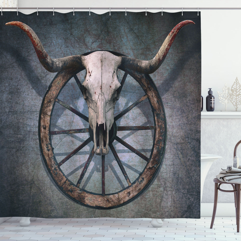 West Skull Barn Wood Wagon Wheel Multicolor Shower Curtain