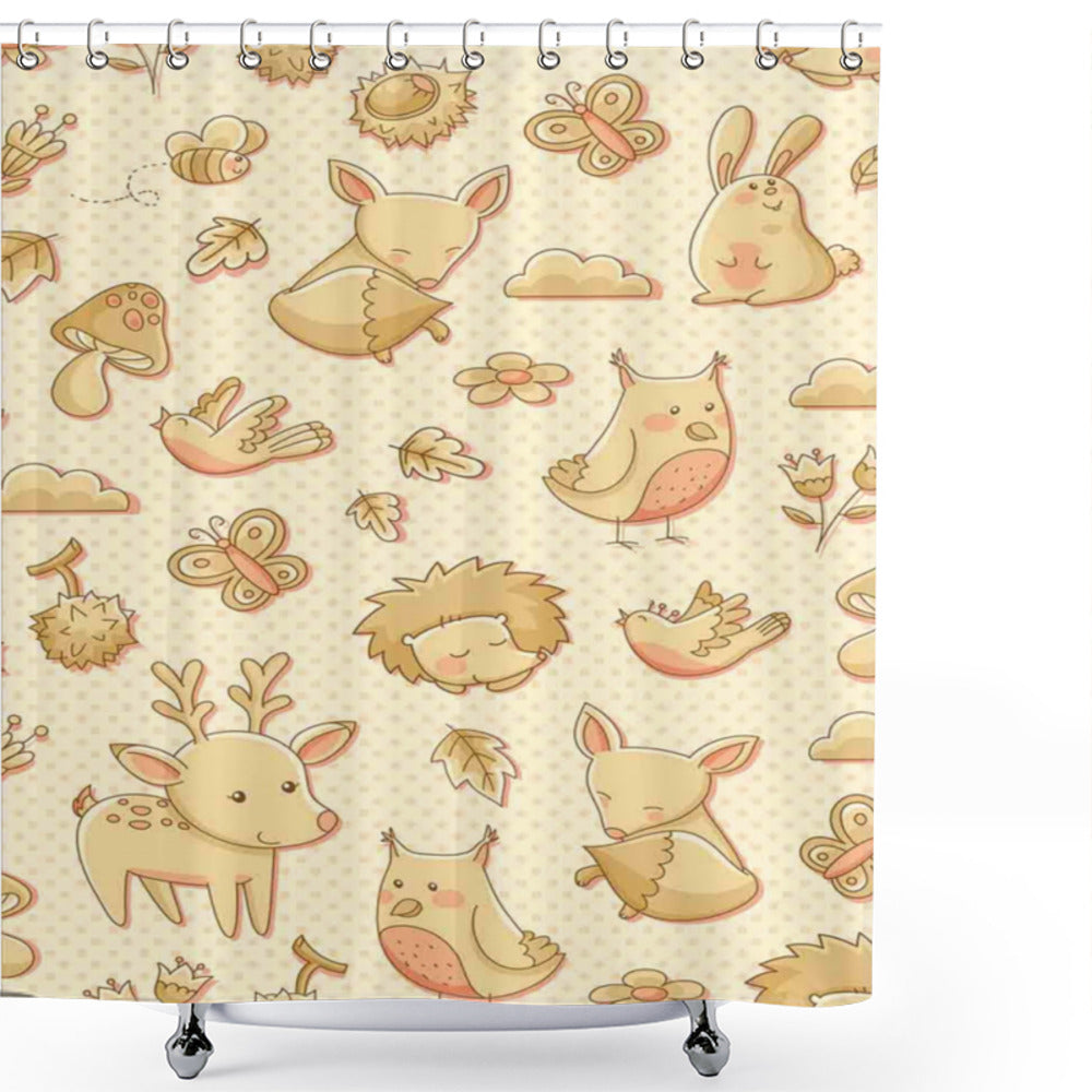 Beige and Pink Forest Animals Polka Dots Shower Curtain