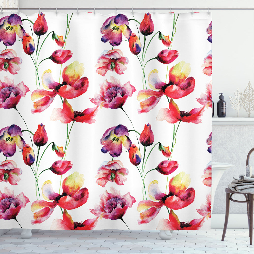 Tulip and Poppy Blossom Shower Curtain in White and Red