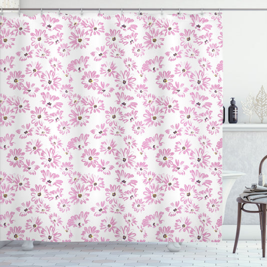 Chic Floral Shower Curtain in Flower Petal Pink, White, and Black