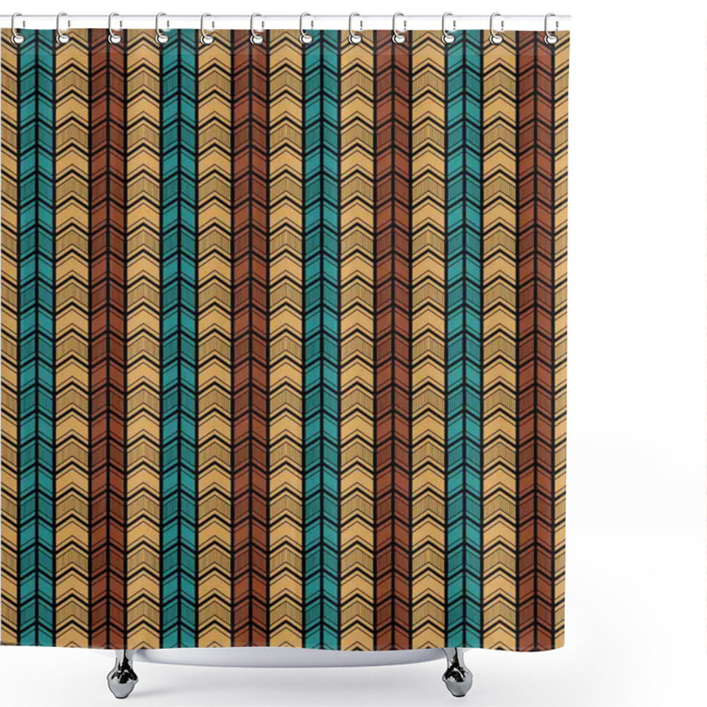 Tribal-Inspired Oriental Arrow Shapes Bath Curtain in Pale Brown, Brown, and Blue Color Palette