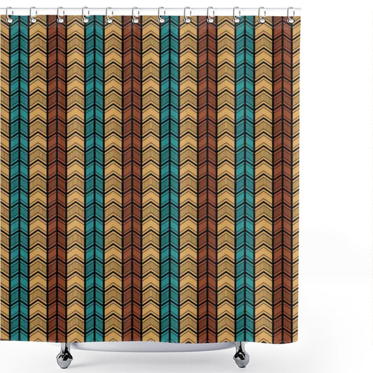 Tribal-Inspired Oriental Arrow Shapes Bath Curtain in Pale Brown, Brown, and Blue Color Palette