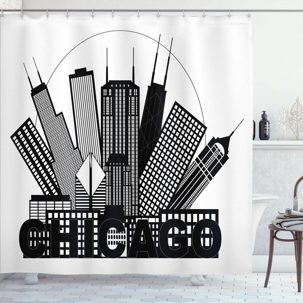 Chicago Skyline-inspired Black and White City in Circle Shower Curtain