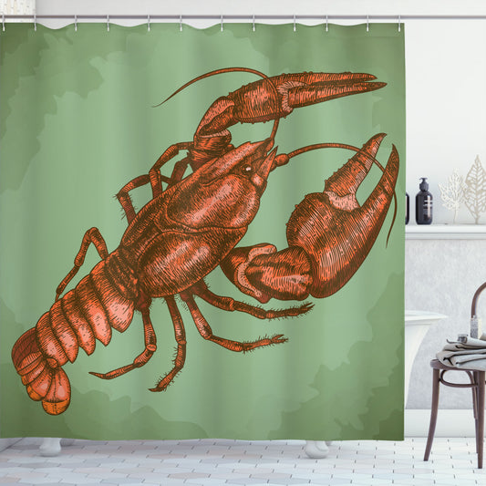 Vintage Antique Style Bath Curtain in Lobster, Pale Green, Vermilion, and Brown Colors