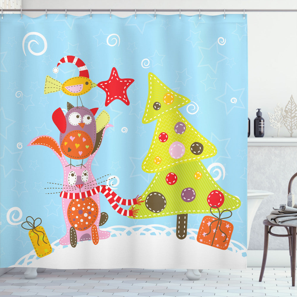 Christmas Themed Cartoon Style Cat and Owl Shower Curtain in Green and Blue