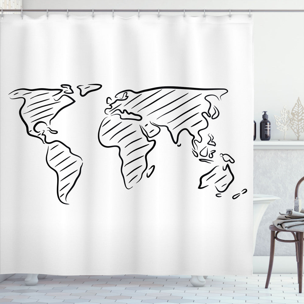 World Map Inspired Black and White Sketch Outline Shower Curtain