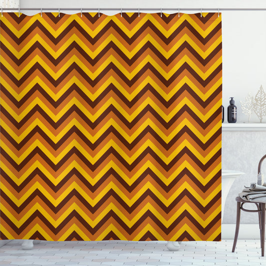 Classical Brown Bath Curtain featuring Yellow Chevron, Pale Brown, Marigold, and Brown Colors