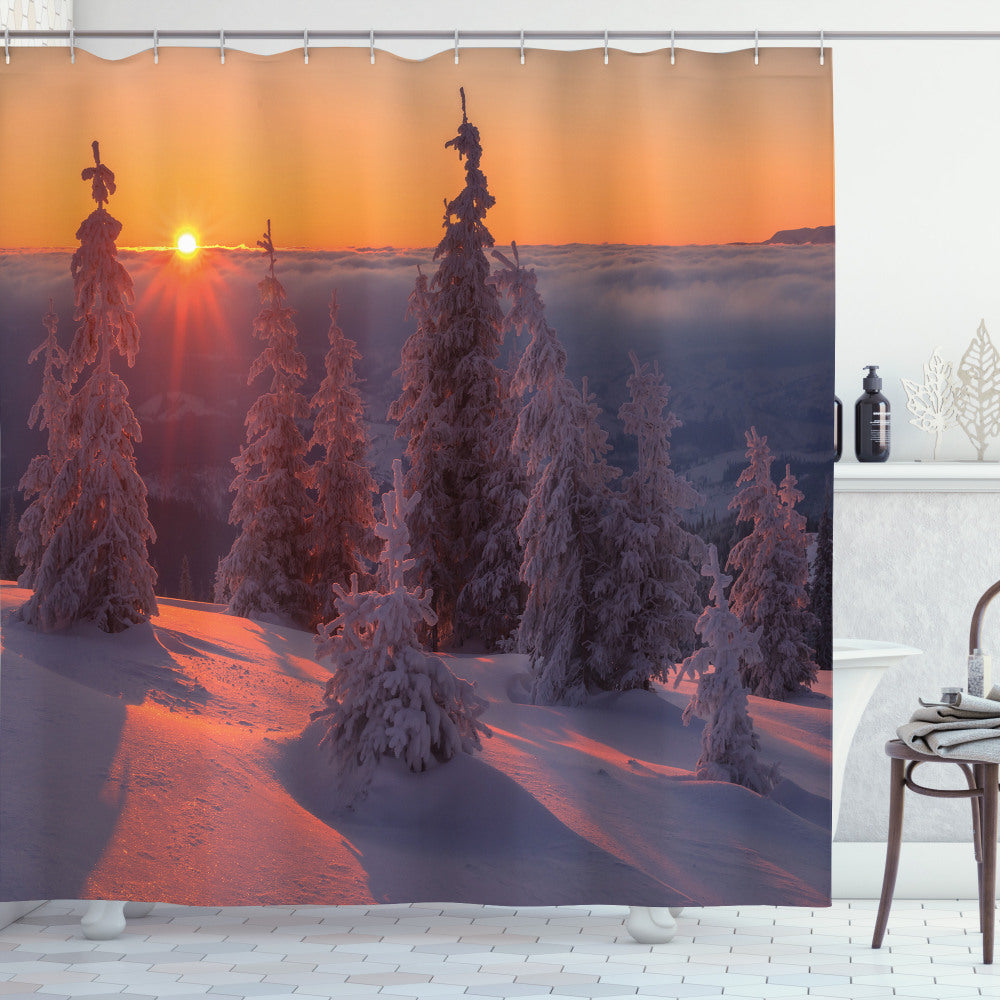 Christmas Sunset Snowy Pine Tree Shower Curtain