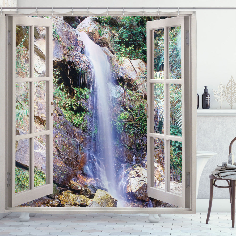 Waterfall Brown and Green Cascade Open Window Shower Curtain