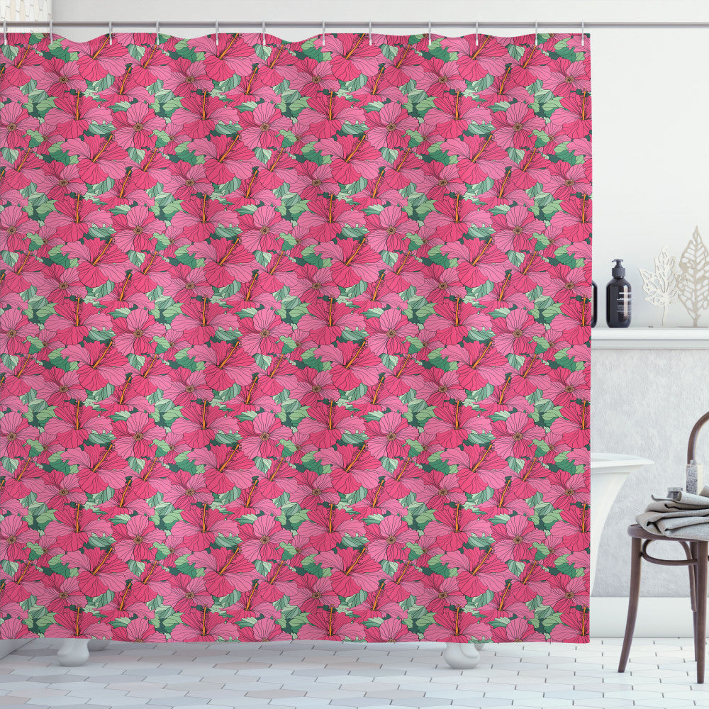 Vibrant Hibiscus Blooms: A Blossoming Fusion of Flower, Orange, Green, and Pink on a Shower Curtain.