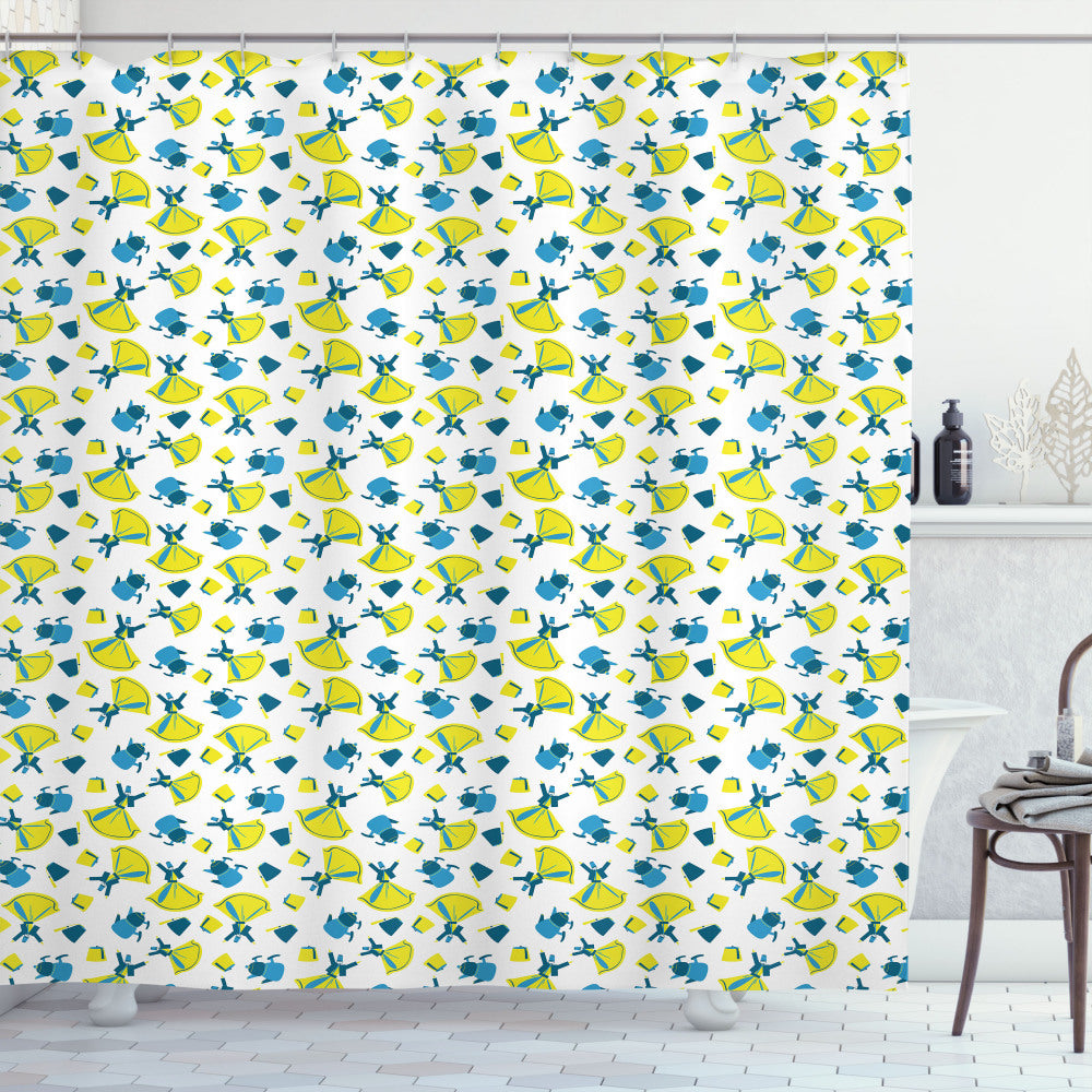 Turkish Dervish Teapot Inspired Istanbul Bath Curtain in Yellow, White, and Blue