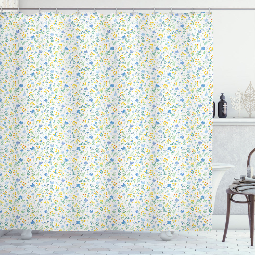 Tulip Blooms in Fresh Meadow Shower Curtain with Pale Green, Pale Blue, and Yellow Accents