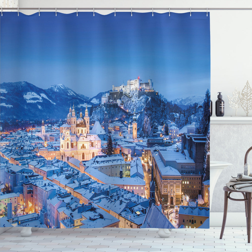 Charming Winter Vibes: Historic Salzburg Bath Curtain in Peach and Blue