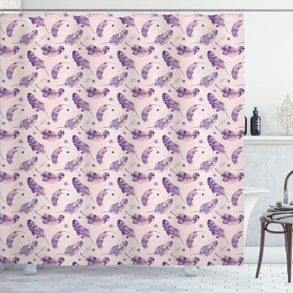 Watercolor Feathers Paint Blots Shower Curtain in Indigo, Mauve, Blush, and Pale Pink