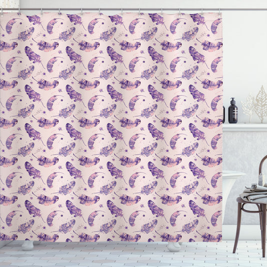 Watercolor Feathers Paint Blots Shower Curtain in Indigo, Mauve, Blush, and Pale Pink