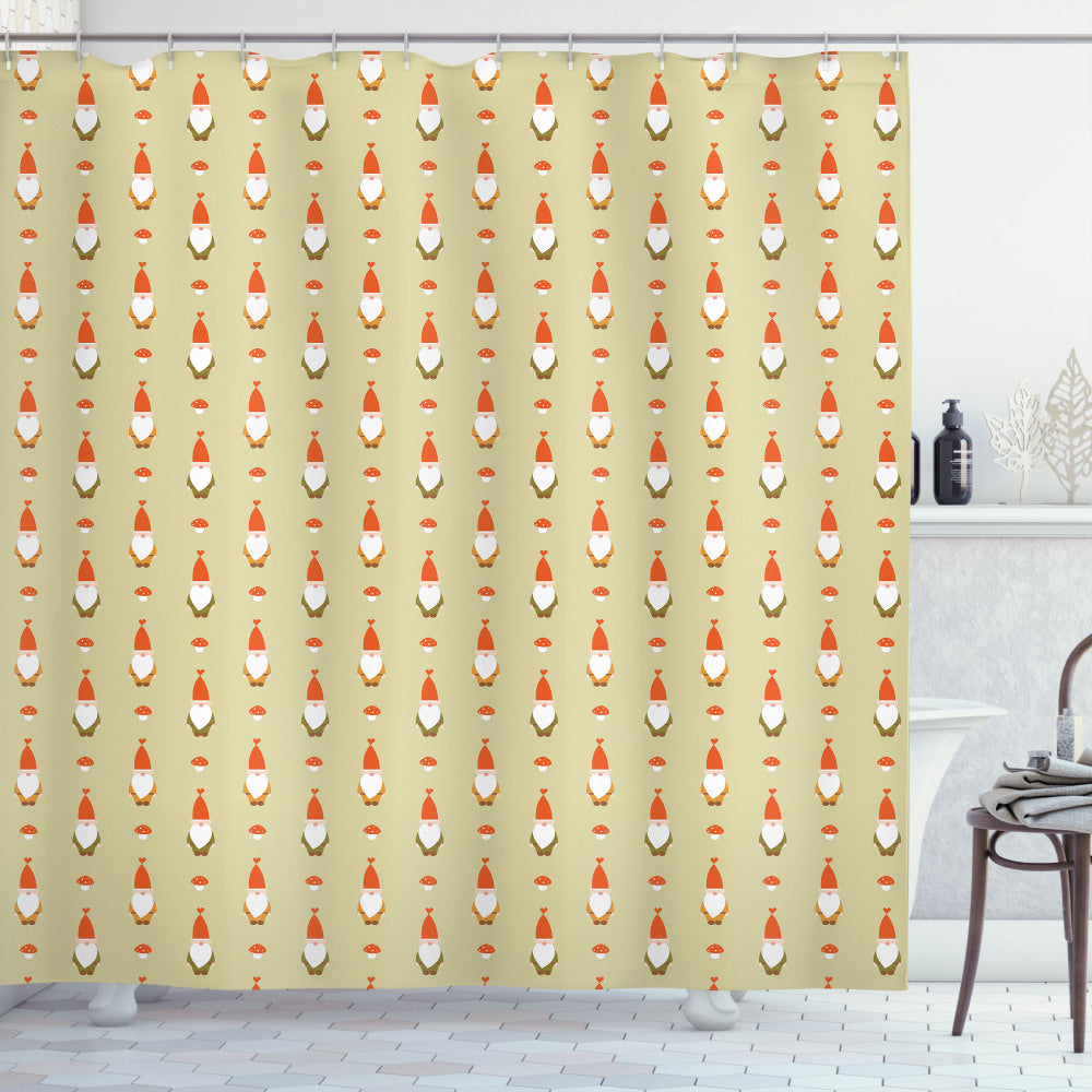 Whimsical Gnome Beard Shower Curtain in Orange, White, and Beige