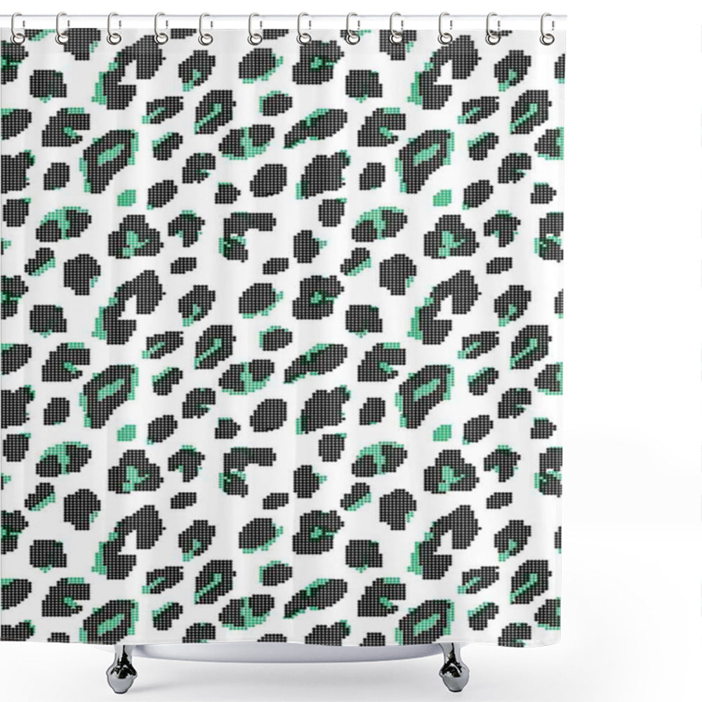 Abstract Bicolored Dots Pattern Bath Curtain in Fern Green, White, and Black