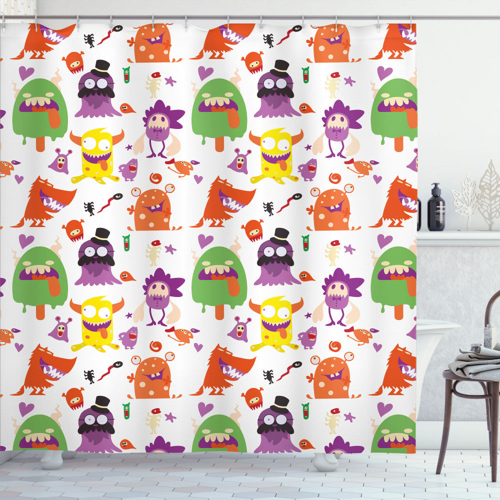 Whimsical Monsters Funny Cartoon Animal Design Shower Curtain in Alien, Burnt Orange, and Multicolor