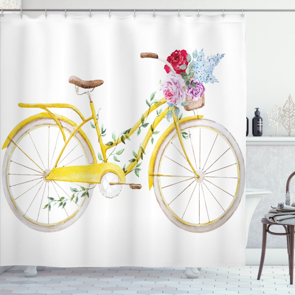 Vintage Yellow and White Bicycle with Floral Design Shower Curtain