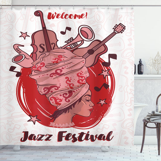 Charleston Ruby Dried Rose and White Bath Curtain at Welcome Jazz Festival