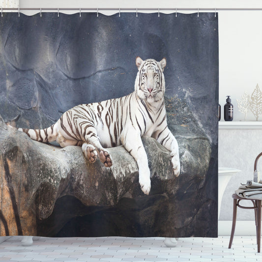 Tiger Wildlife Cat Shower Curtain on Slate Blue and White Rock