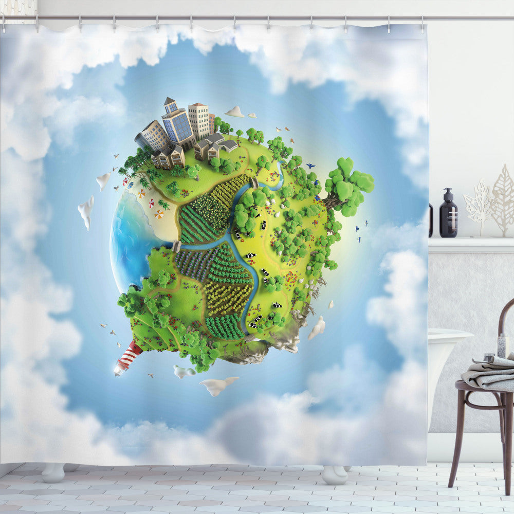 Cartoon Globe Greenery Theme Shower Curtain