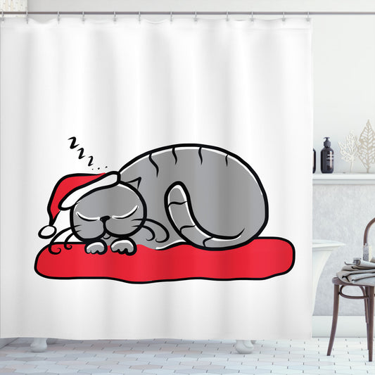 Christmas Cat with Santa Hat White, Grey, and Red Shower Curtain