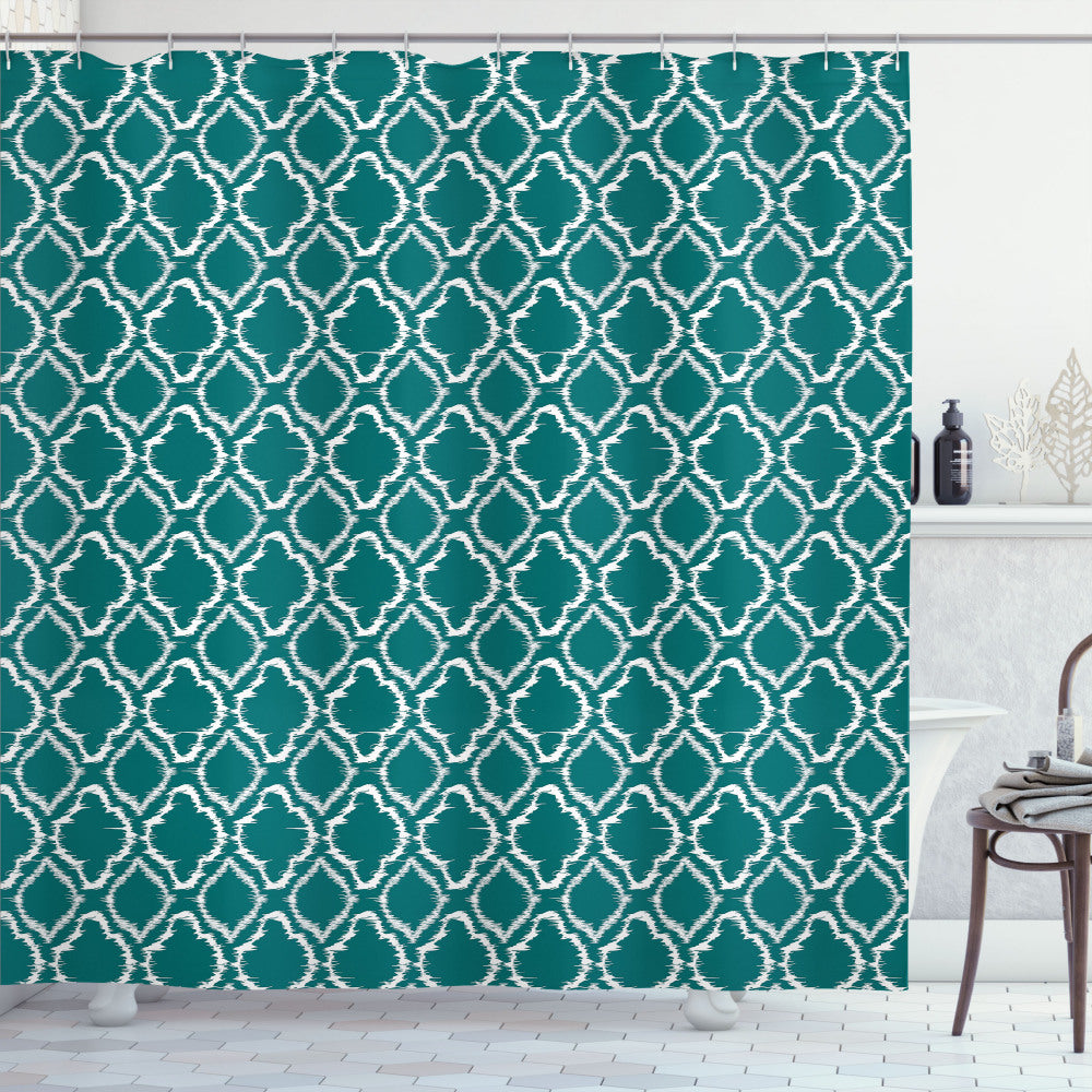 Teal and White Traditional Ikat Pattern Shower Curtain