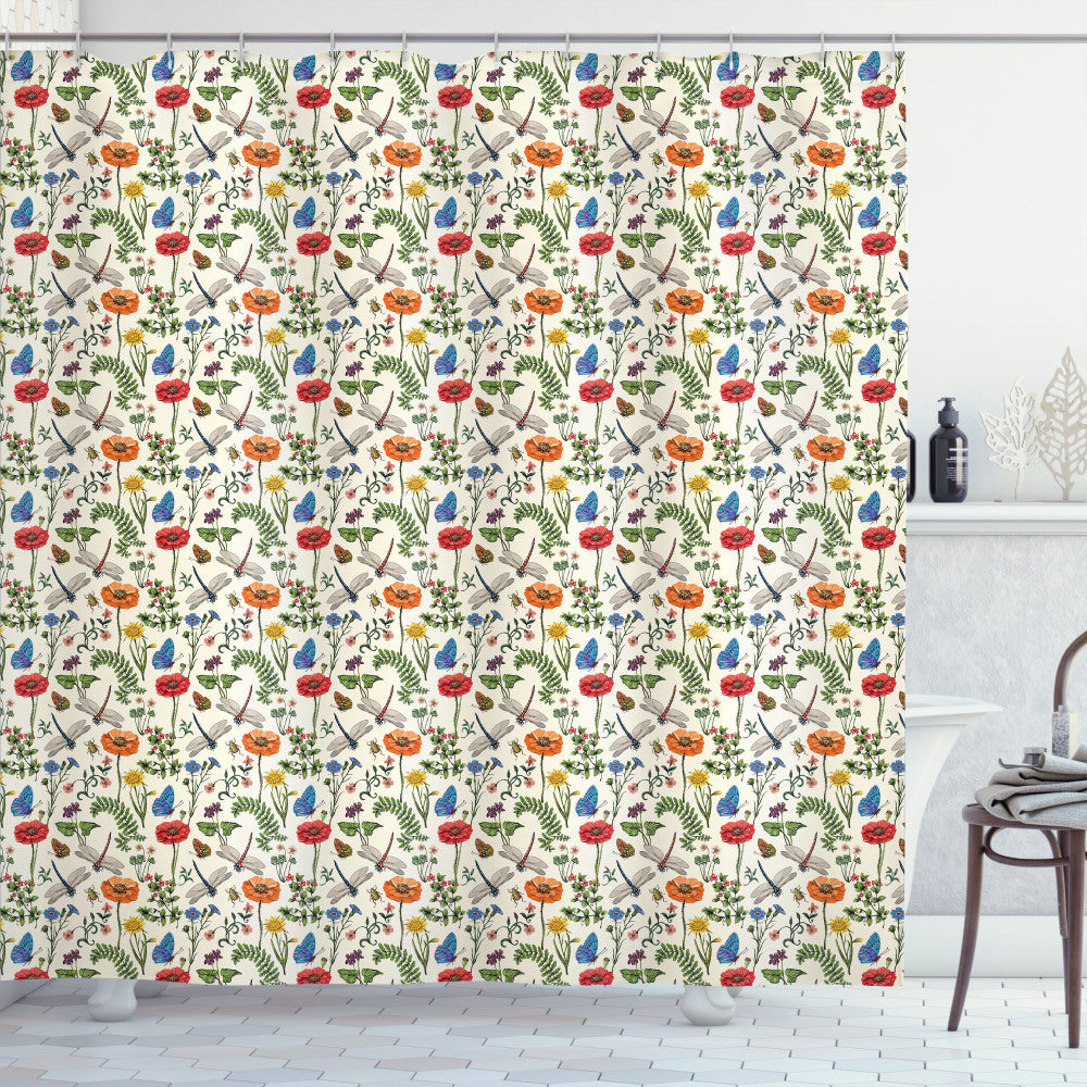 Botanical Multicolor Bugs Plants Flowers Shower Curtain