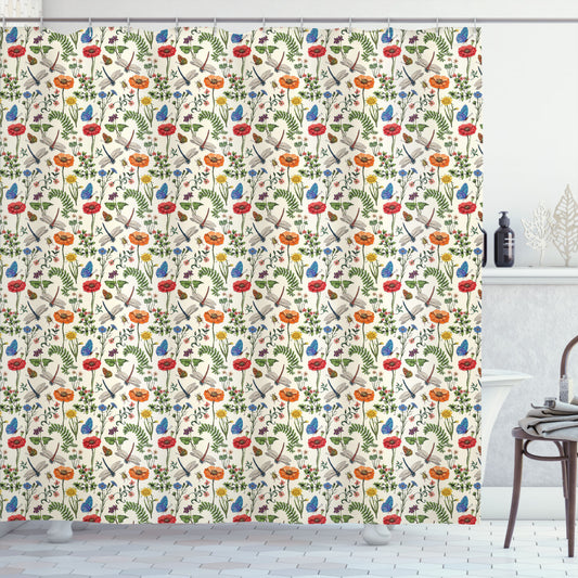 Botanical Multicolor Bugs Plants Flowers Shower Curtain