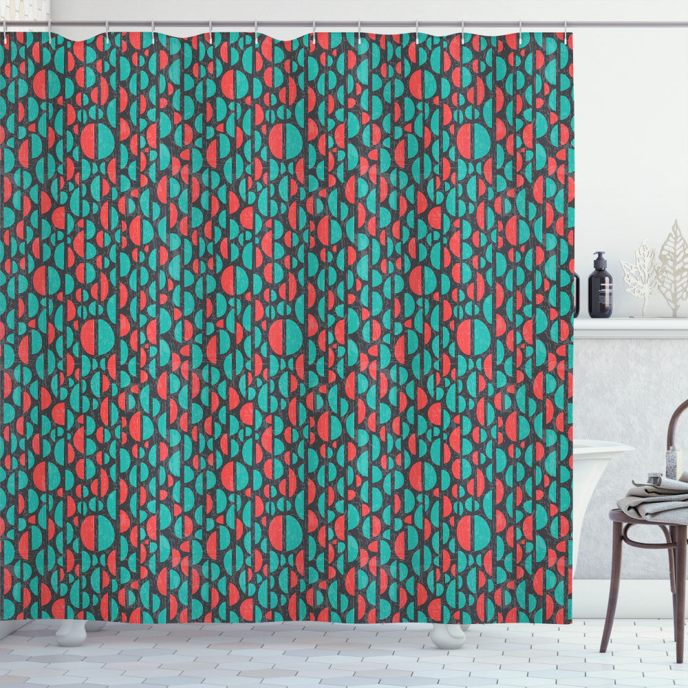 Abstract Half Circles in Charcoal Grey, Vermilion, and Turquoise: A Stylish Shower Curtain