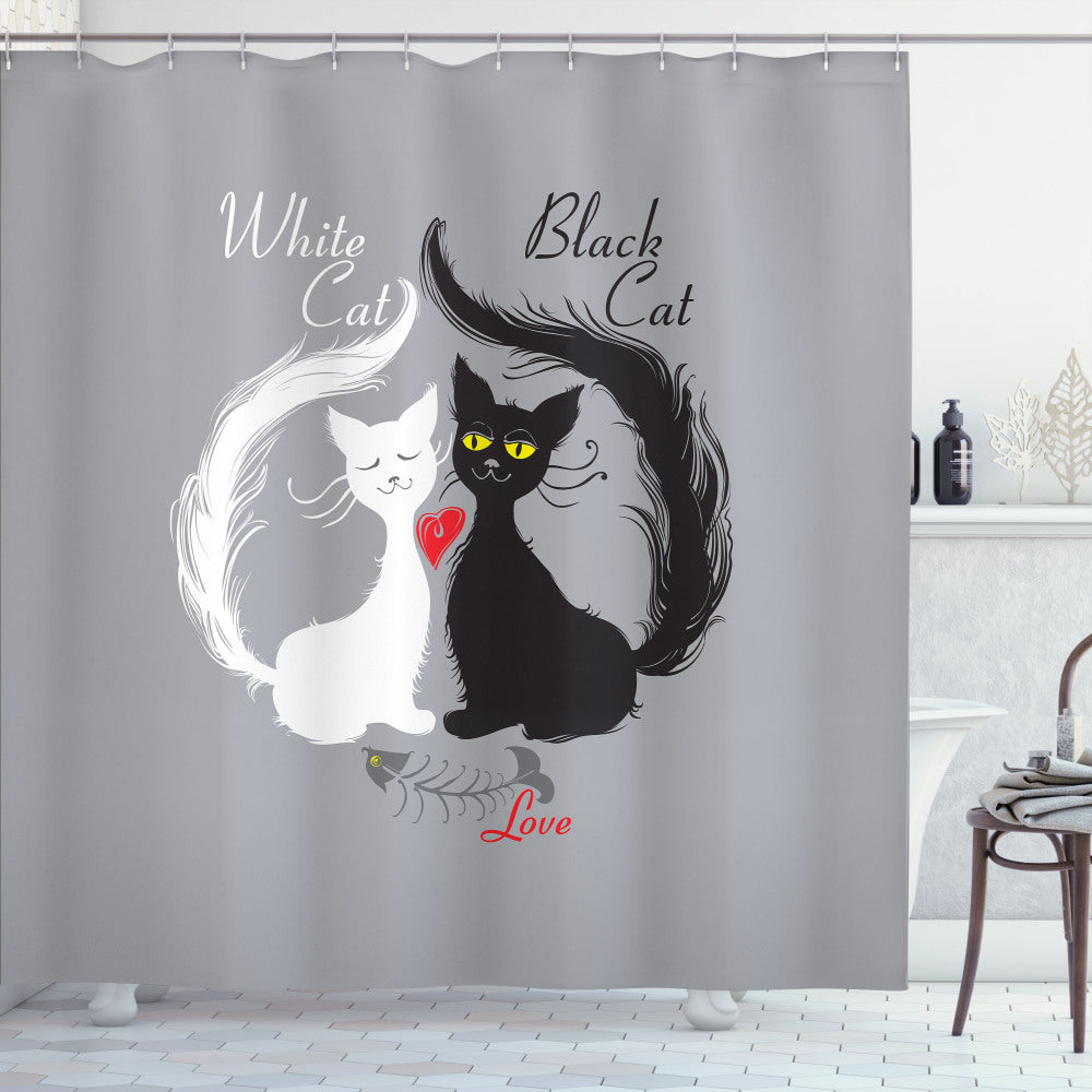 Black, White, Grey Cat Couple Fishbone Design Shower Curtain