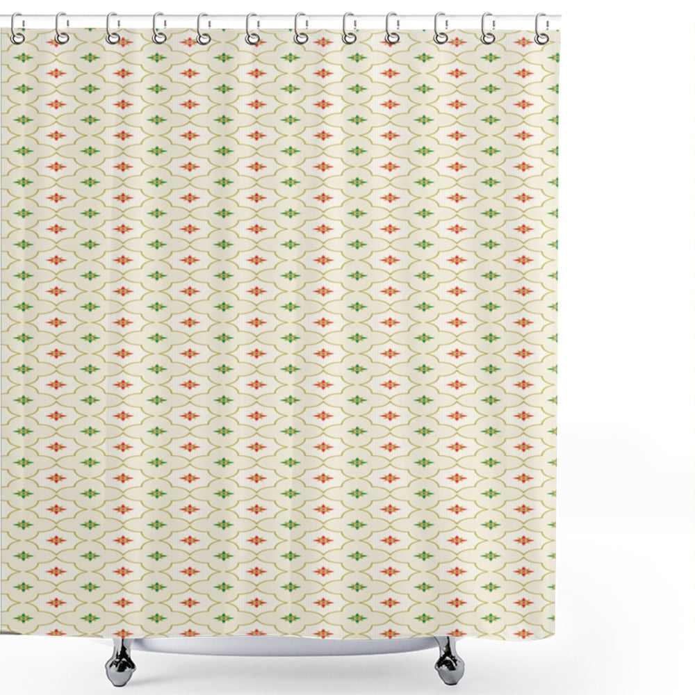 Abstract Middle Eastern Floral Bath Curtain in Vermilion, Cream, and Green