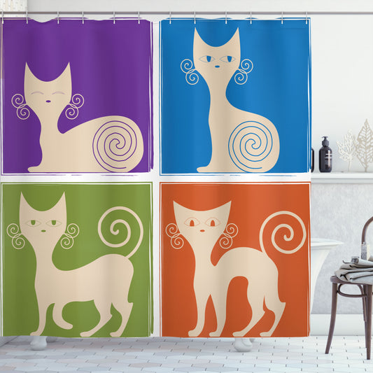 Whimsical Cartoon Cats Expressing Emotions on Funny Orange, Purple, Green and Blue Shower Curtain