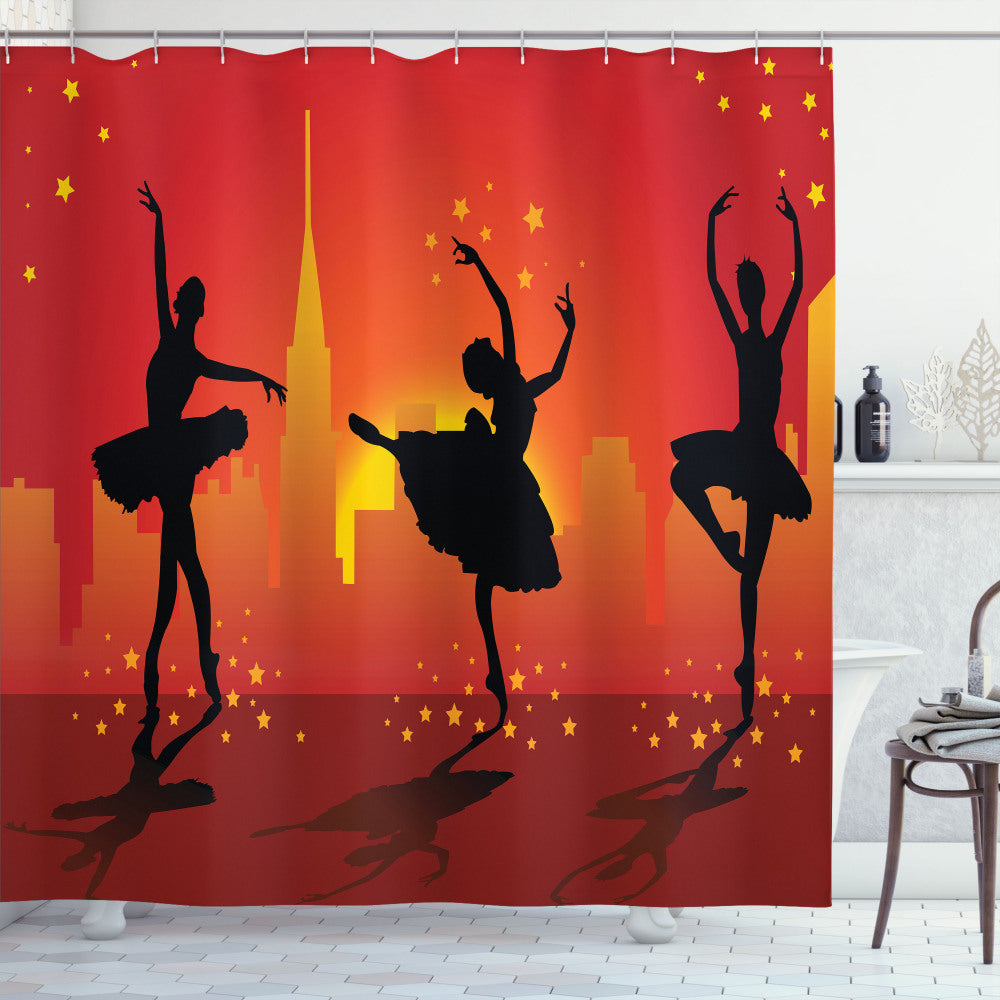 Ballet Cityscape: Dancers with Stars | Vermilion, Orange, and Black Shower Curtain