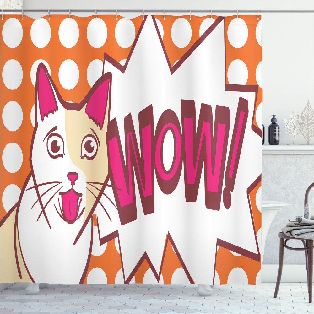 Vibrant Wow Lettering Comic Cat Design Shower Curtain in Funny Burnt Orange, Hot Pink, Pale Maroon, and Beige