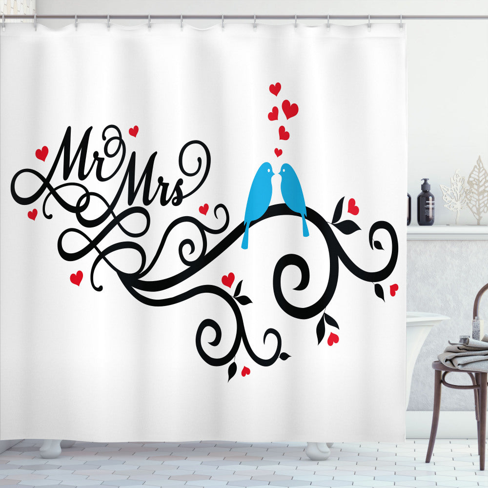 Black, Blue, and Red Wedding Birds Branch Shower Curtain - Mr. Mrs.