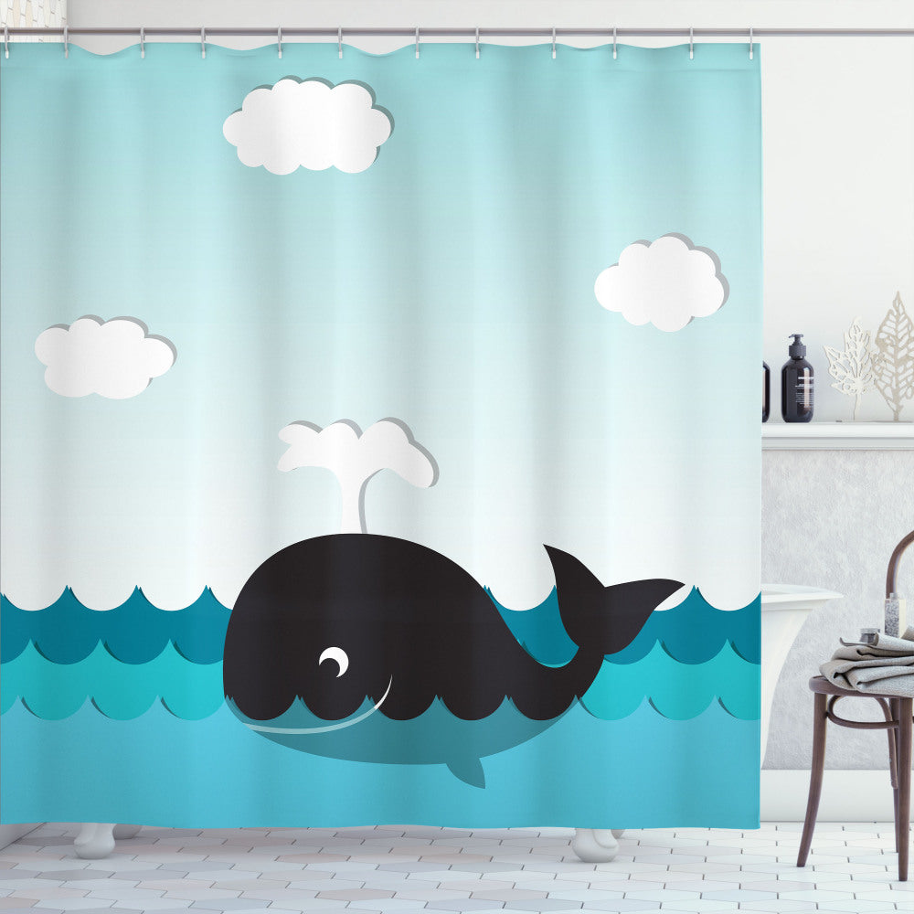 Black and Blue Whale Design Shower Curtain in Wavy Ocean