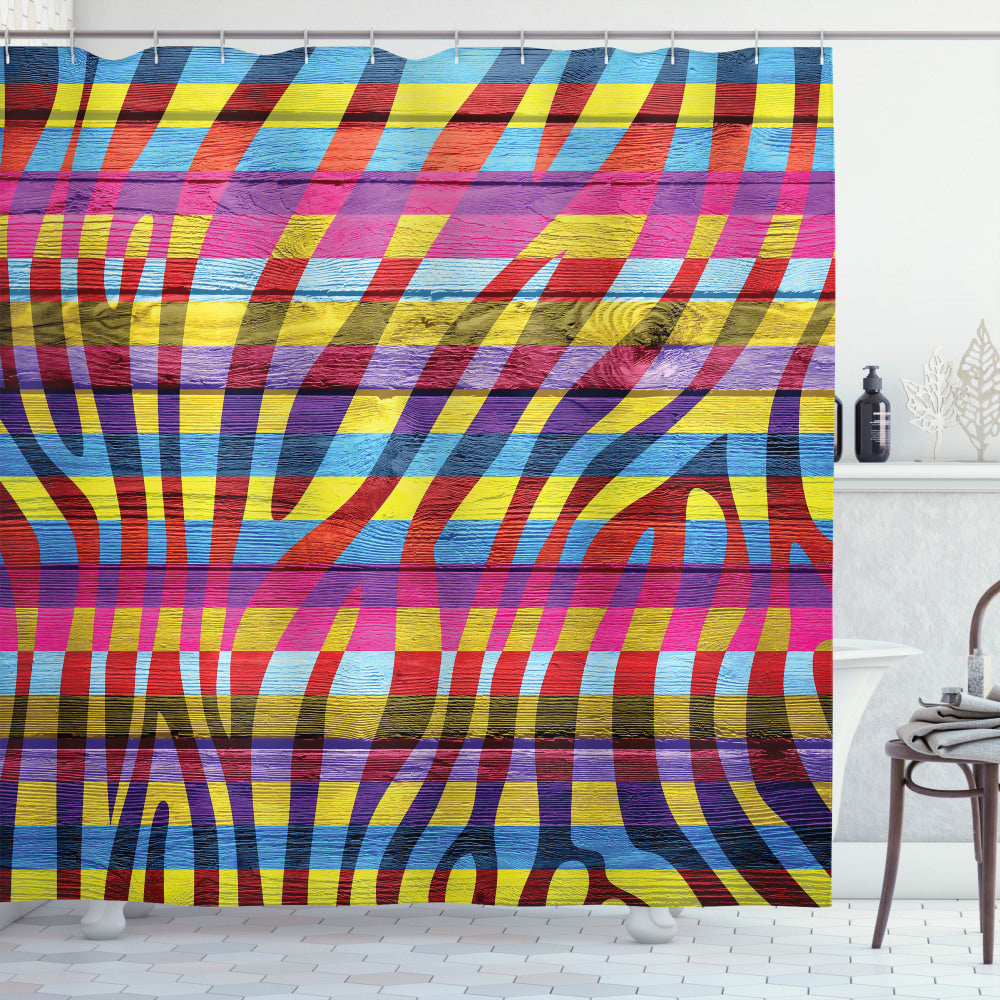 Zebra Print Bath Curtain in Vibrant Fuchsia and Yellow Curvy Lines