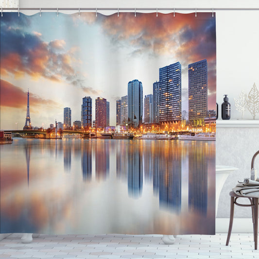 Cityscape Reflection at Dawn: Multicolor Buildings Shower Curtain