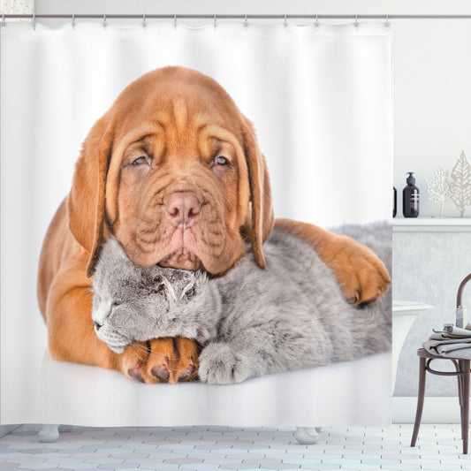 Bordeaux and Kitten Shower Curtain Featuring Dog and Cat Design in Persian Orange, Pale Taupe, and Pale Mauve Taupe Color Scheme